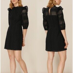 Whistles Page Size 12 US Eyelet Frill Broderie Dress Black Cotton Keyhole Zip